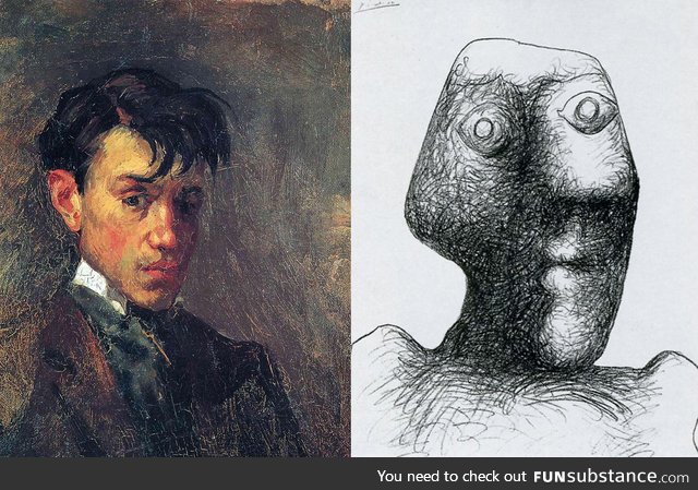 The first and last self-portrait of Pablo Picasso, circas 1896 and 1972