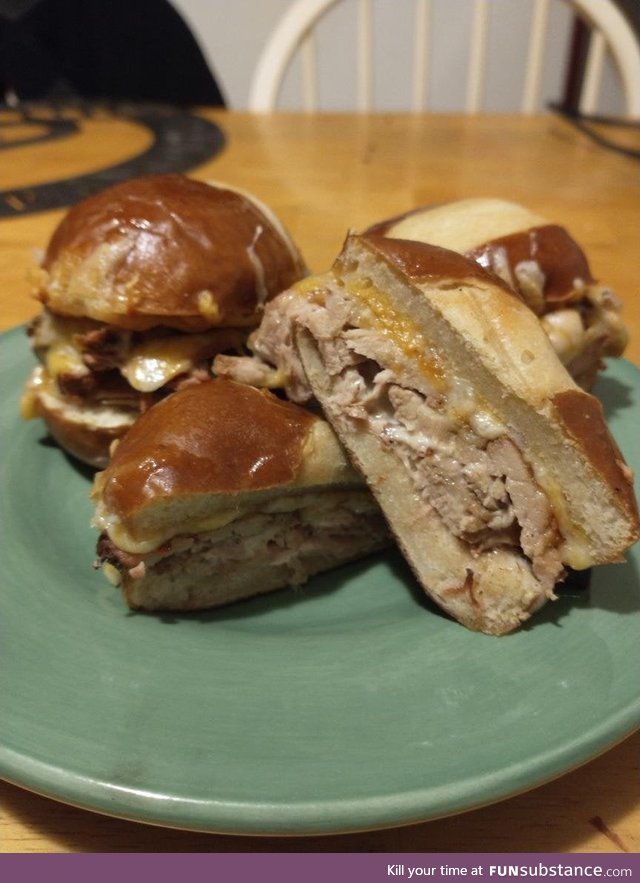 I made smoked pork tenderloin sliders on a pretzel bun with garlic aioli and a blend of