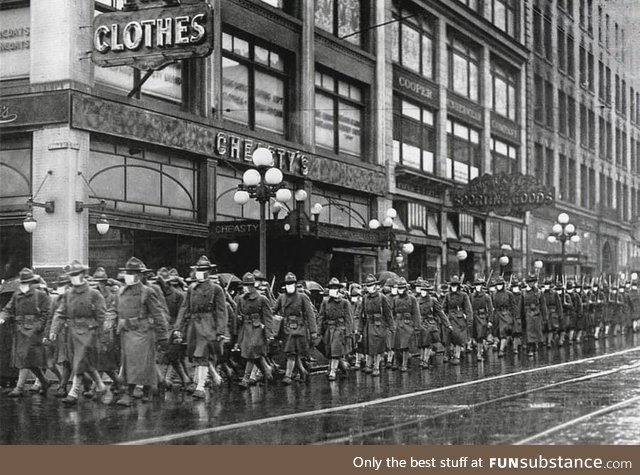 The U.S. Army 39th regiment wear masks to prevent influenza in Seattle in December of 1918