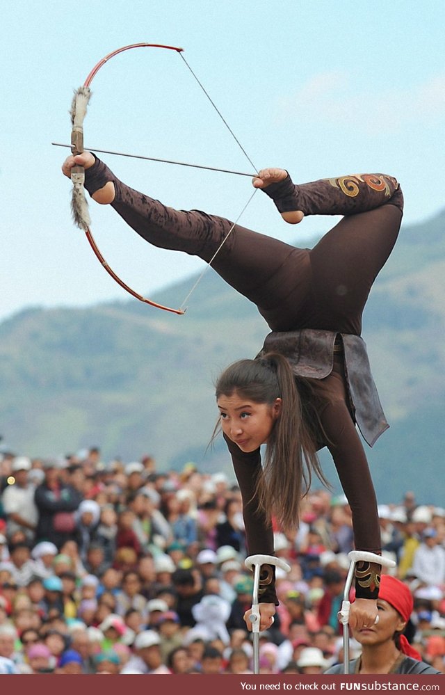 Acrobatic archer taking aim at the 2018 World Nomad Games in Kyrgyzstan