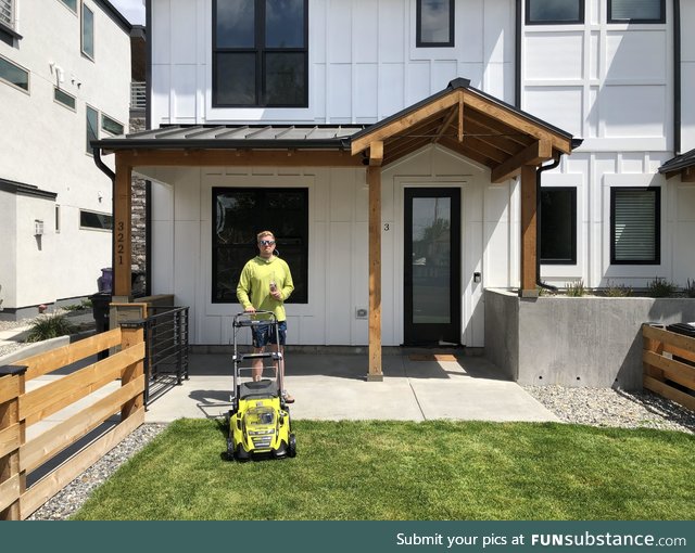 After 10 years of renting, I finally bought a house, a mower, and a shirt to match