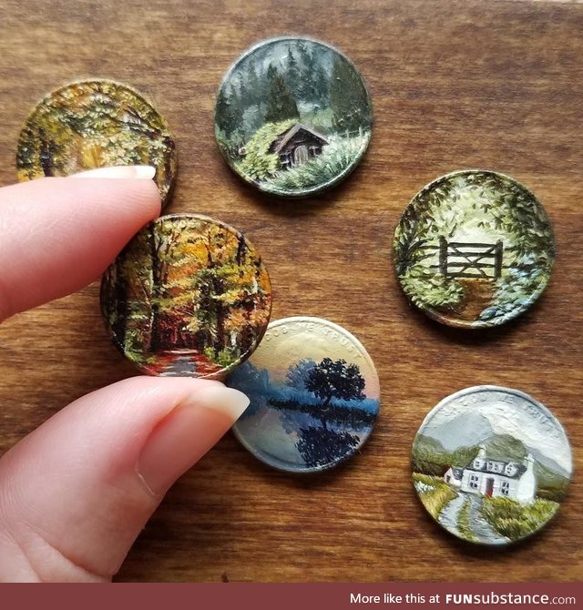 A handful of my paintings from last season. Painted on coins in oils