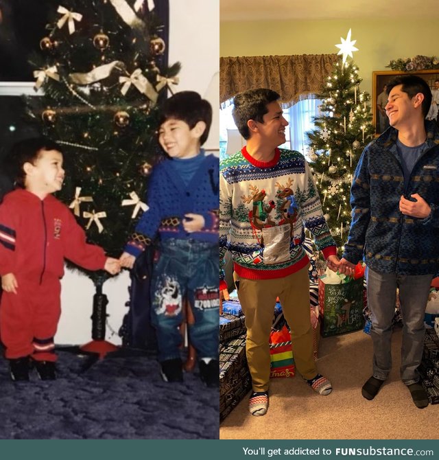 Two siblings taking Xmas pics, 22 years apart