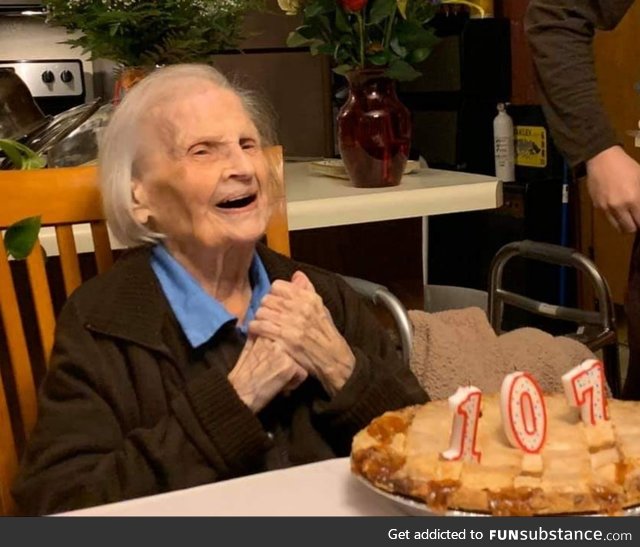 Great grandma laughing on her 107th birthday