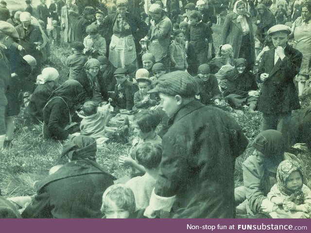 A toddler in Auschwitz giving a dandelion flower to his older brother