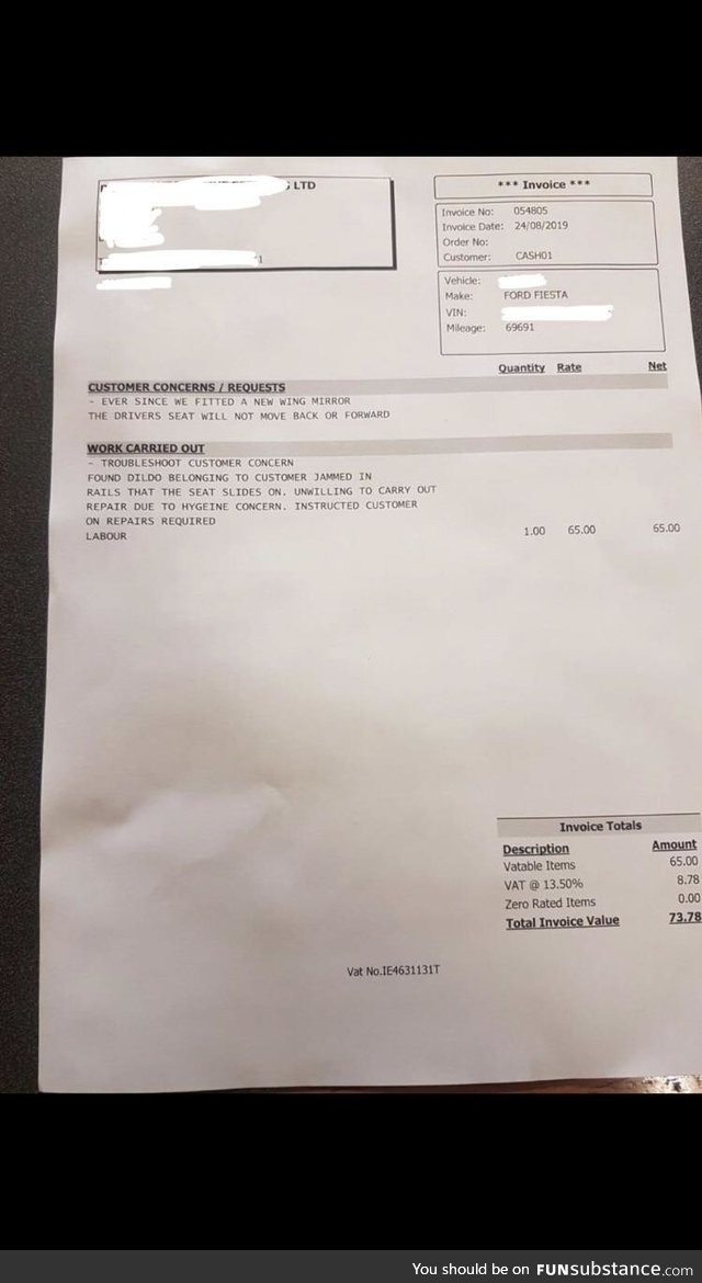 An invoice a friend sent me from his cousins workshop