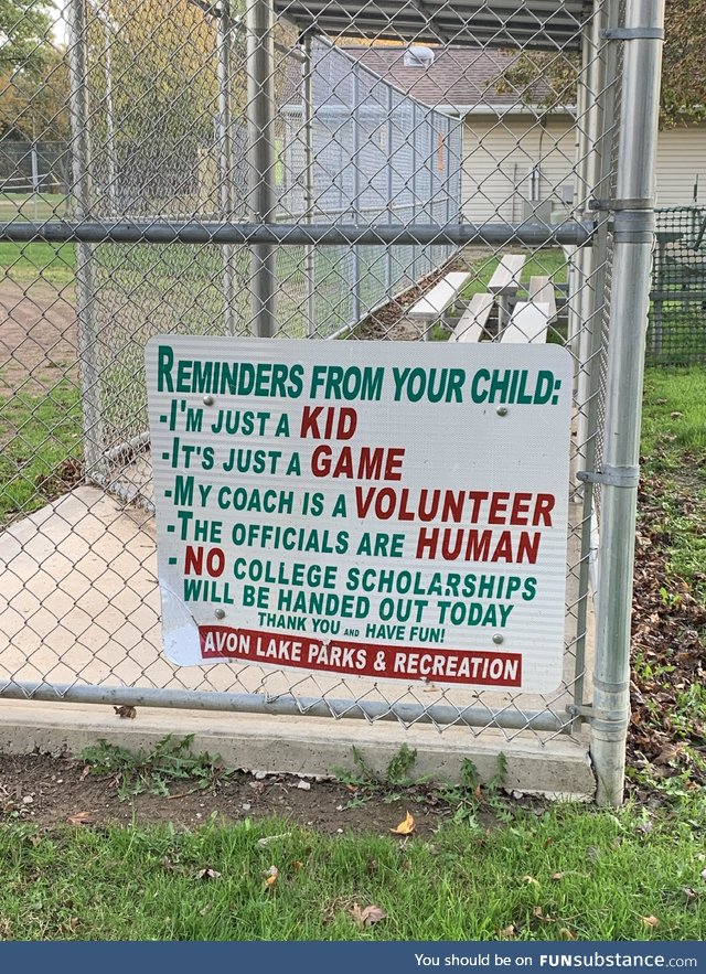 Some nice reminders for parents on a little league dugout