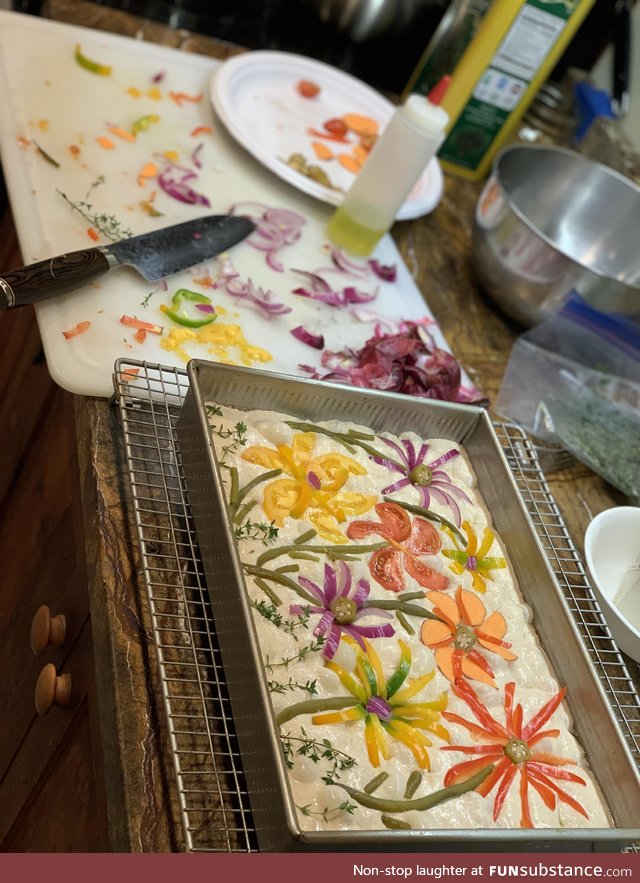 Decorated homemade focaccia, had to take a picture before the oven muted the colors