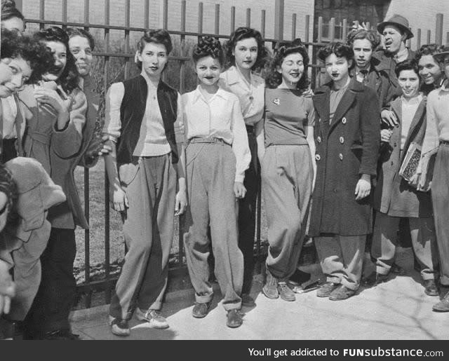 Female students protesting “No pants to school” rule in Brooklyn, 1945