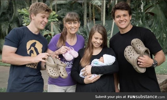 Newborn Grace Irwin Powell’s first croc encounter