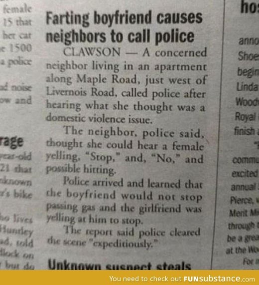 Farting boyfriend causes neighbors to call police