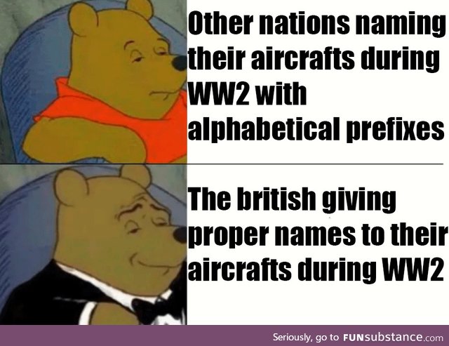 Say what you will but I think names like Supermarine Spitfire and Hawker Hurricane are