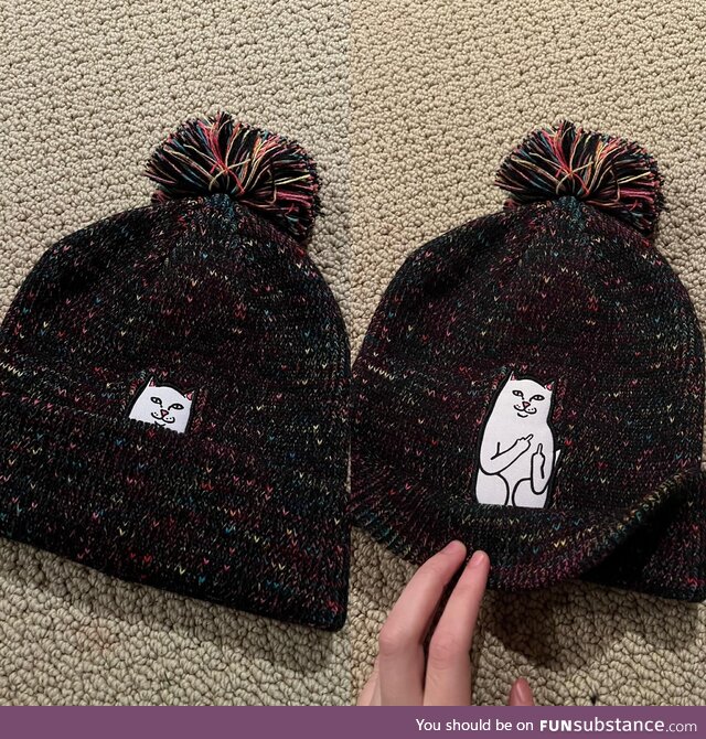 My mom bought this “cute little kitty hat” for me without looking at all of the