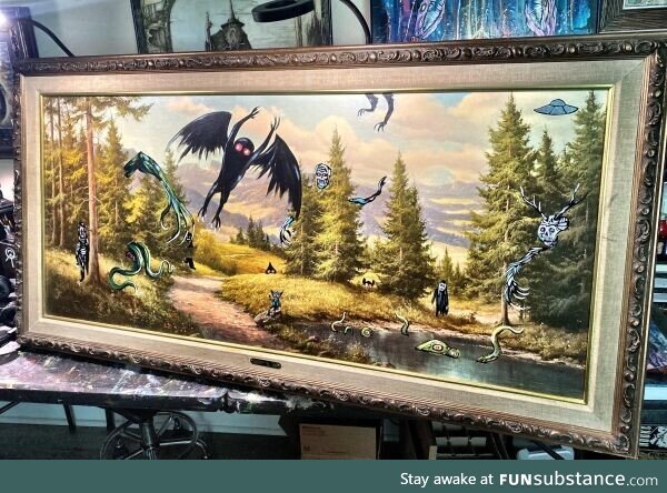 Adding monsters to thrift store art. Always fun. Monsters make everything better! Thanks