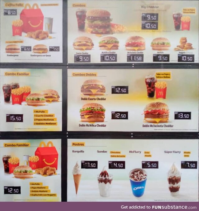 McDonald's prices in Venezuela (minimum monthly wage is 16 USD and average around 100 USD)