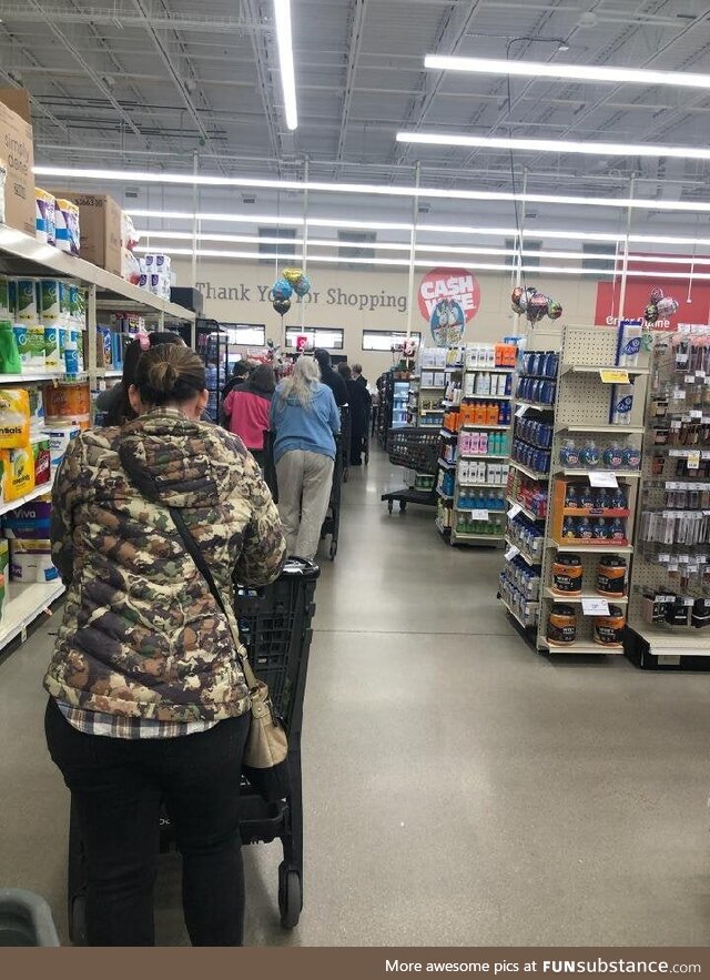 [OC] The line in a North Dakota grocery store today a day before a historic blizzard hits