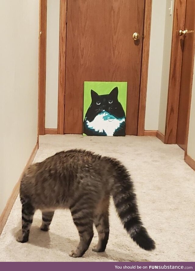 Forester scared of painting of older cat sister