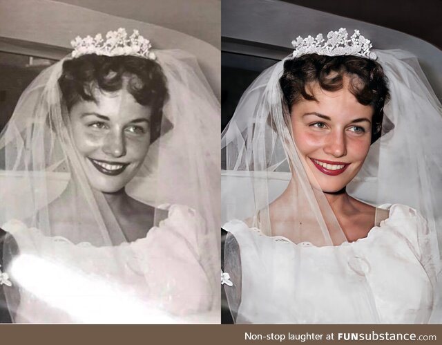 Grandmother of a or on her wedding day in Michigan (1958). Restored and Reimagined