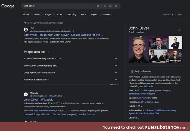 A Google search on 'John Oliver' brings up 474 million hits, this post adds one more