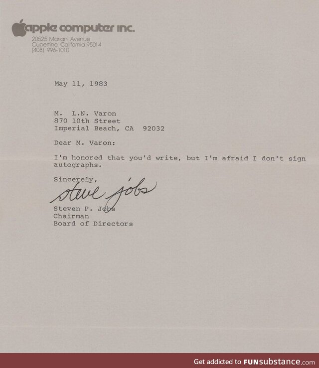 In 1983, a man from California wrote to Steve Jobs requesting an autograph