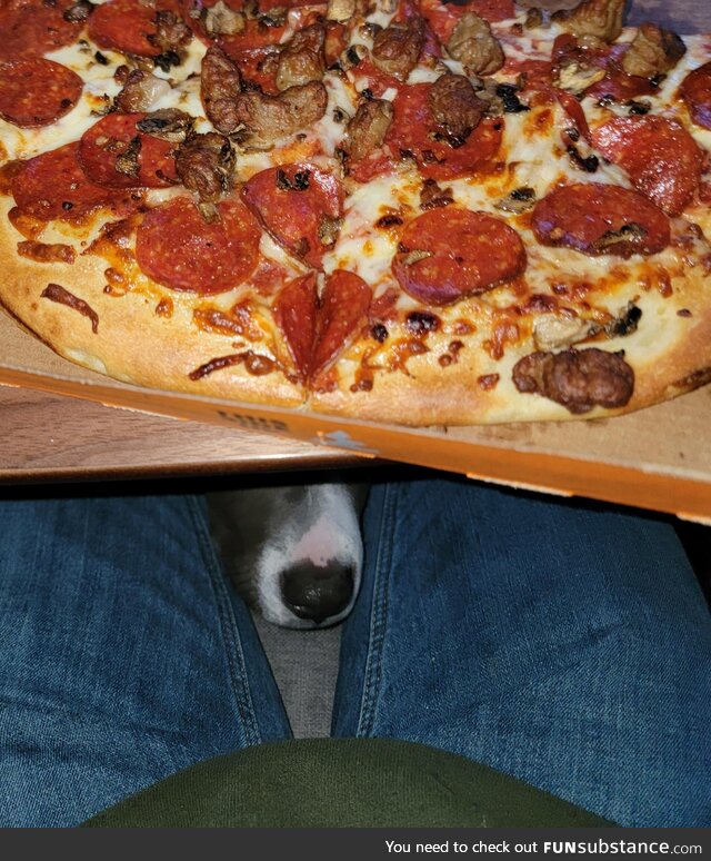 Waiting on that one piece of stray sausage to fall off a slice