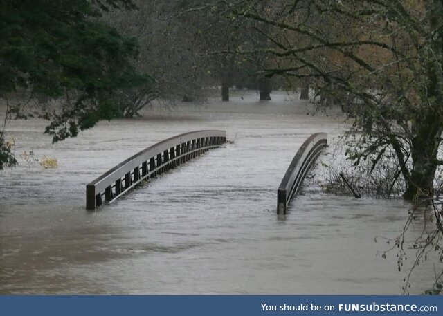 Pedestrian Footbridge Over a Creek in Langley, BC, Canada During 2021 Floods