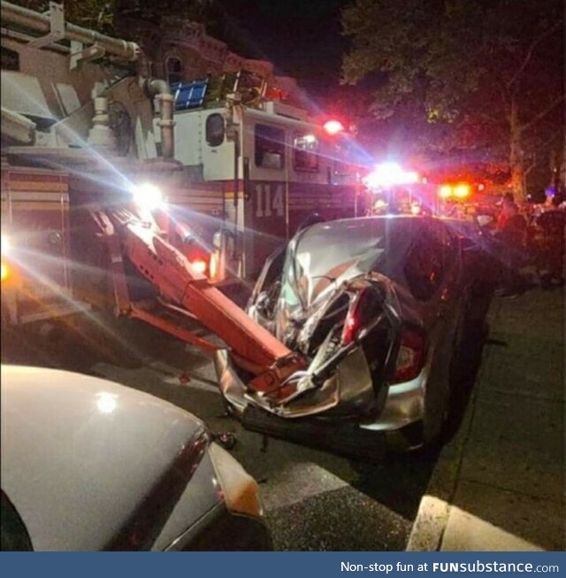 FDNY Firetruck support leg crushes car