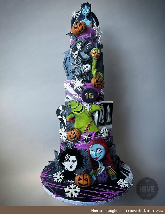 This is my favorite cake I've ever made. A big Tim Burton mashup!