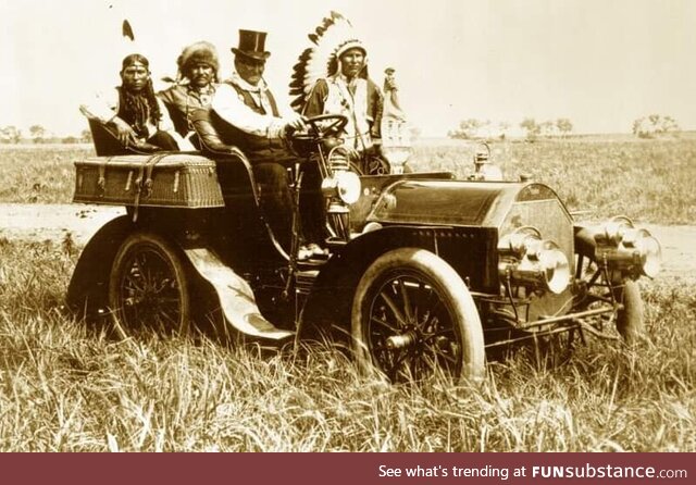 Geronimo taking a drive with others in a Locomobile Model C in Oklahoma c. 1905