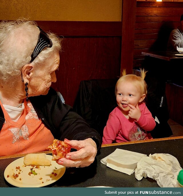 My Grandmother(91) and my Granddaughter(16 months)