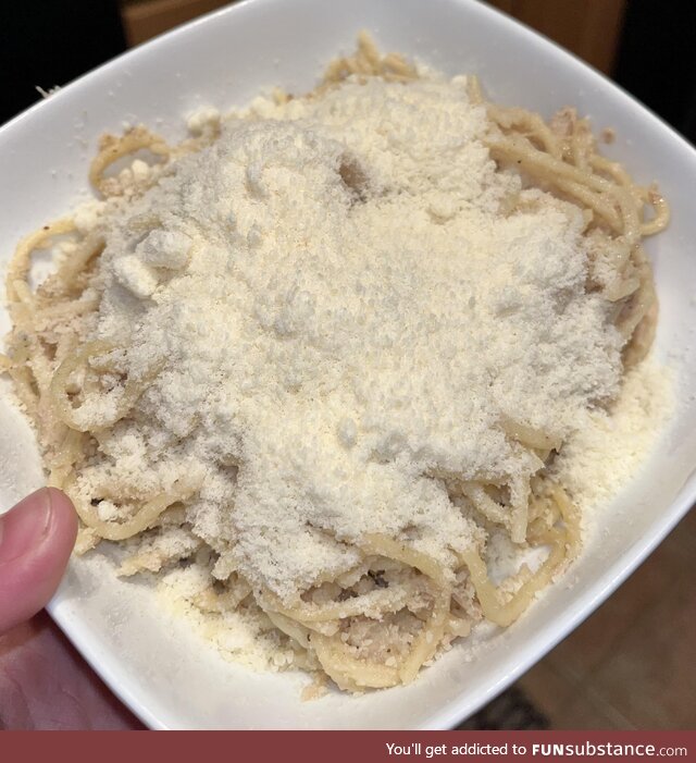 The amount of Parmesan my husband puts on his pasta