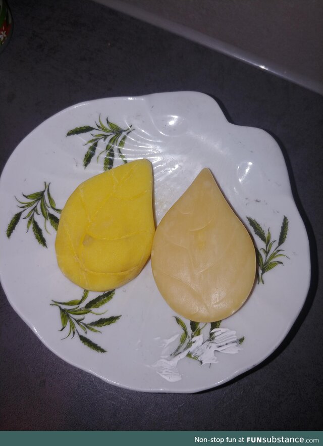 Replaced our handsoap (right) with a replica carved out of a potato (left). Lets see how