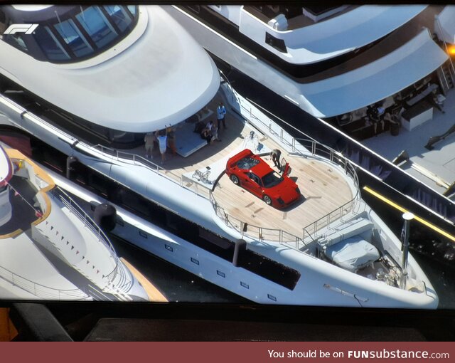 A ferrari f40 on a lazy Susan at the front of a yacht deck