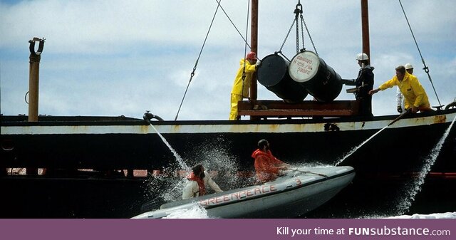 Green peace activists attempting to stop nuclear waste being dumped at sea