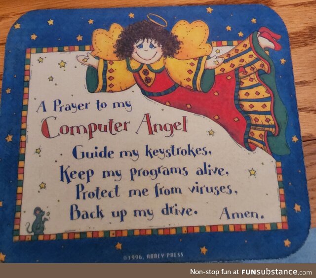 My religious grandma's mousepad from her computer room