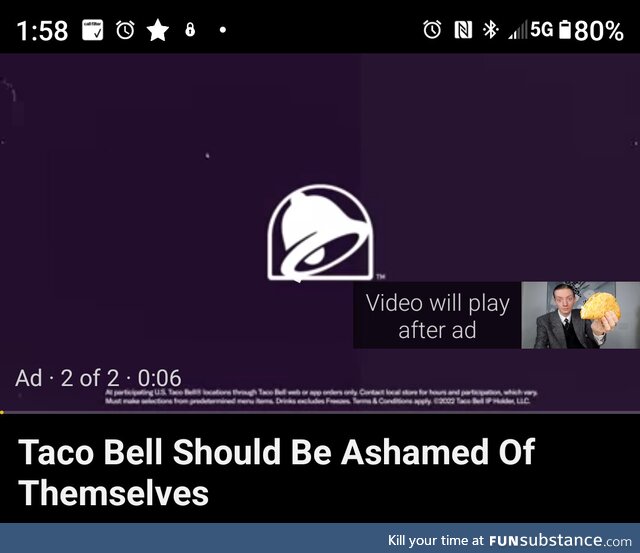 Taco Bell ad before a bad review of their food