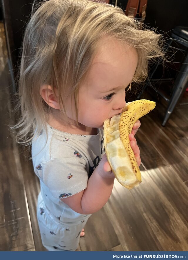 My kid wanted to “open” the banana by herself this morning. Am I raising a serial