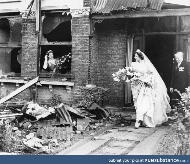 Bride leaving her recently bombed home to get married [london, nov 4, 1940]