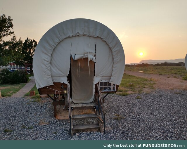 About to settle in for the night in a conestoga wagon