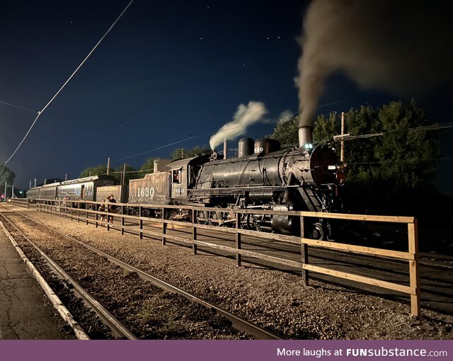 Night photo of a steam locomotive