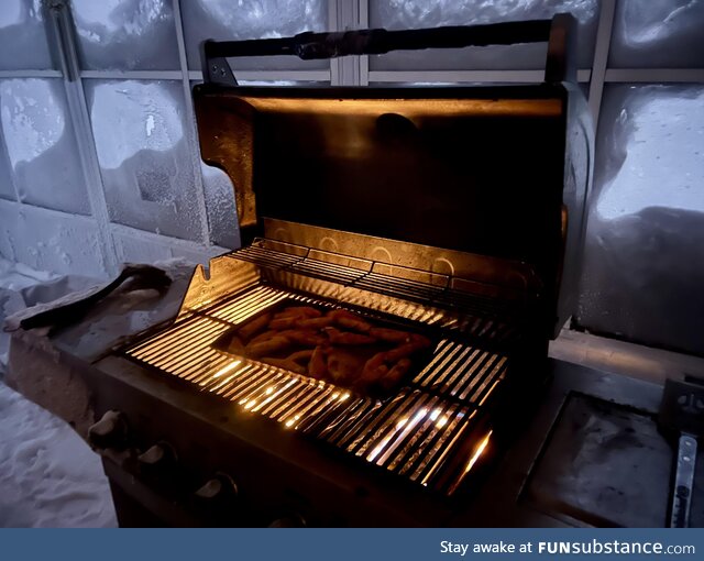 Cooking Chicken Fingers & Pizza Logs on a grill because the power is out in Buffalo