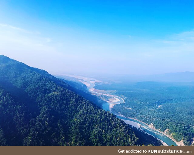 A beautiful view of Sharda River from the hills of Uttarakhand State, India