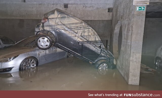 After heavy floods in Slovenia a car looks like a pencil drawing