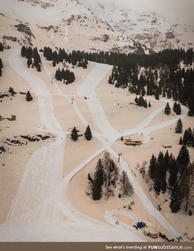 Dust from the African Sahara Desert settling on the Swiss Alps this week. Slopes of San