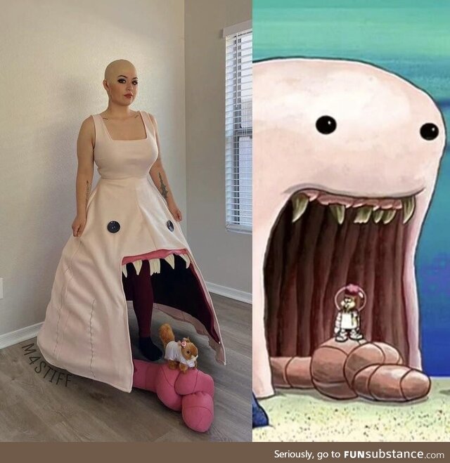 Woman cosplays as the Alaskan Bull Worm from Spongebob Squarepants