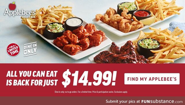 Applebee's All You Can Eat Is Back For Just $14.99!