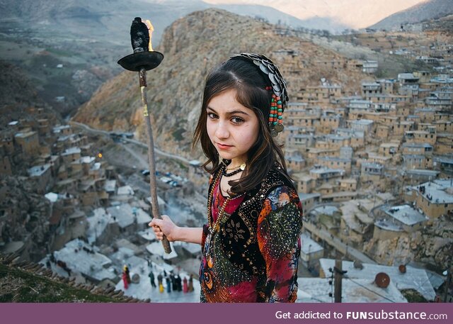 Kurdish village girl at the Nowruz (kindling fire) celebration. Palangan village in