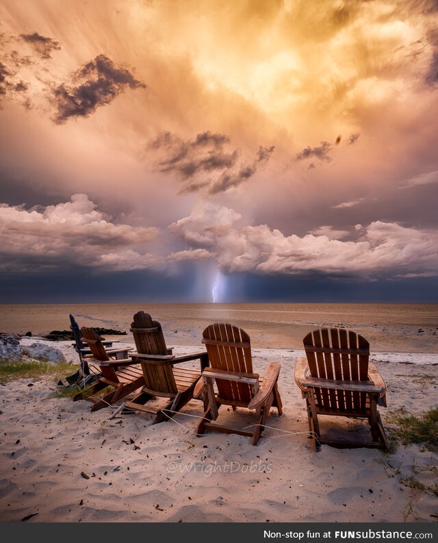 Captured a photograph of lightning under a storm around sunset