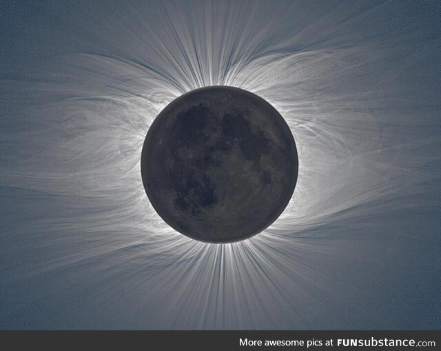 A solar eclipse of immense magnitude -- The wispy lines visible around the moon are