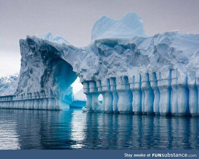 Ice formations in antarctica that look like ice walls, columns, and an archway